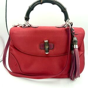 Gucci Red Satin Jumbo Bamboo Top Handle Shoulder Bag